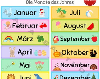 Calendário Alemão dos Meses do Ano para Imprimir, Die Monate des Jahres, Decoração para Sala de Aula em Alemão, Cartões de Calendário, Recurso de Aprendizagem de Alemão para Educação Domiciliar