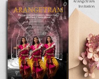 Pode incluir: Um convite para um Arangetram, uma apresentação tradicional de dança indiana. O convite apresenta uma imagem colorida de três dançarinas com trajes tradicionais indianos, em frente a um templo.