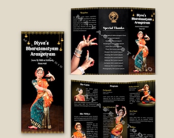 Pode incluir: Um modelo de folheto tri-dobrável para uma apresentação de dança Bharatanatyam Arangetram. A capa apresenta uma foto de uma bailarina com um traje colorido, com o título do evento "Diyva's Bharatanatyam Arangetram" e a data "12 de junho de 1989 às 18:00". Os painéis internos incluem um programa com descrições das peças de dança, uma lista de agradecimentos especiais e fotos dos bailarinos.