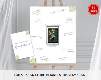 Pode incluir: Um cartaz branco com detalhes florais verdes e uma foto de uma jovem com um traje de dança tradicional indiano. O cartaz diz "Guest Signature Board & Display Sign" e inclui o texto "Please sign our Guest Board" e "Lekshmi Rachoar Odissi Arangetram June 12, 1999".