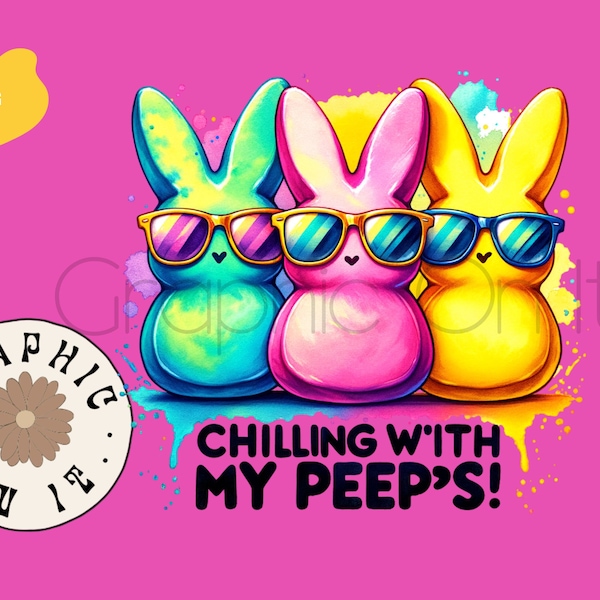 Easter Marshmallow Bunny Chickens Watercolor Chillin Peep PNG - Peep with Sunglasses - Circut Vinyl Decal - Silhouette - Sublimation Print