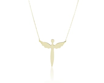 14K Yellow Gold Angel Necklace, Gold Angel Pendant, Good Luck Charm, Gold Layering Chain,  Valentines Day Gift for Her in 14k Solid Gold