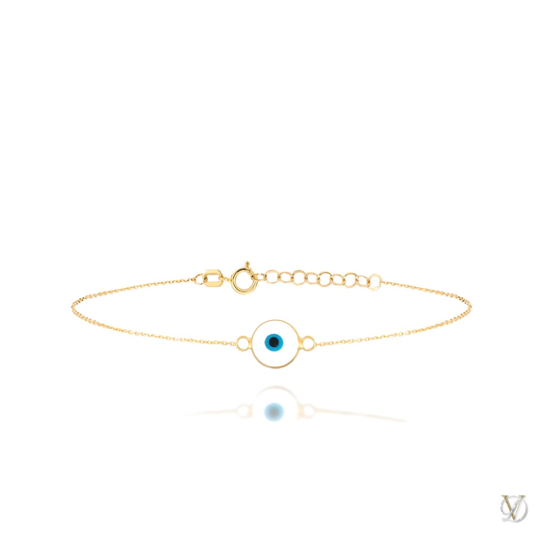 White Evil Eye Bracelet in 14k Solid Gold, White Evil Eye Solid Gold