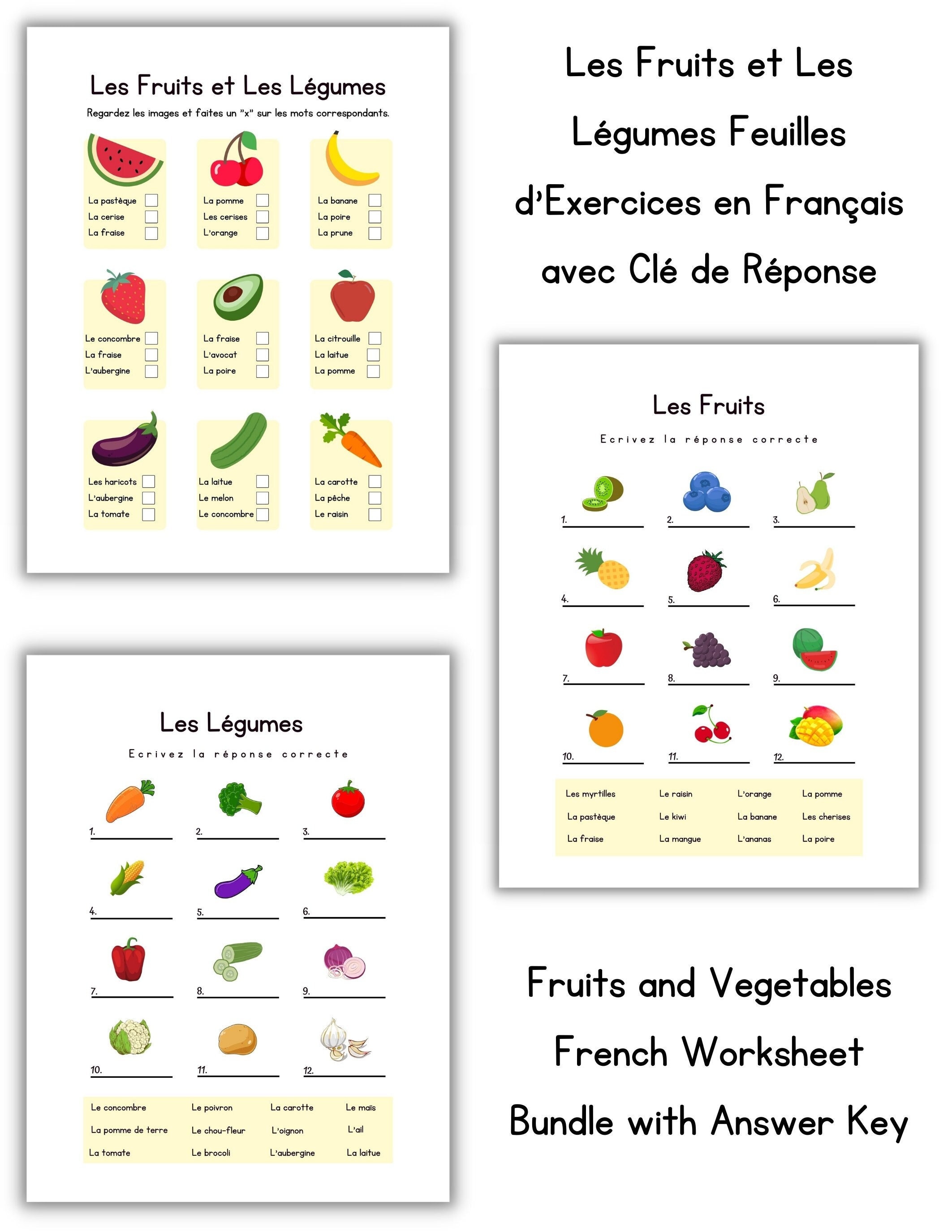 French Fruit and Vegetables Worksheets Activités Sur Les Etsy Canada