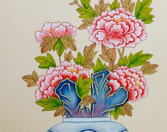 8x10 Print Pink Carnations in Blue Vase