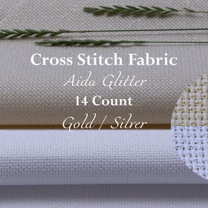 Zele Nava / 100% cotton Sparkle Aida Fabric 14 Count / Gold and Silver Glitter Aida 14 ct / Fabric for Cross Stitch / Free US Shipping