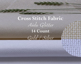 Zele Nava / 100% cotton Sparkle Aida Fabric 14 Count / Gold and Silver Glitter Aida 14 ct / Fabric for Cross Stitch / Evenweave fabric