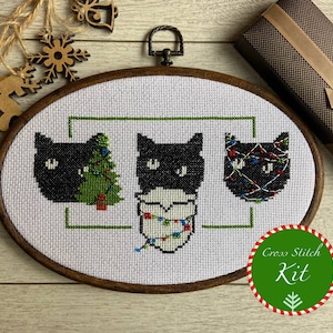 Christmas Cross Stitch Kit / Cat Cross Stitch / Counted Cross Stitch Kit  / Black Cat Cross Stitch Kit  / DIY Cross Ctitch Kit /SHIP from US