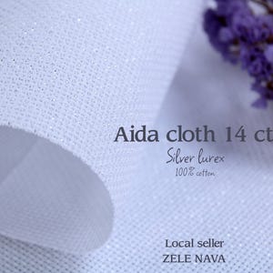 AIDA cloth 14 ct / Glitter Aida, Sparkly Aida / Silver Cross stitch cloth / Cross Stitch material / Zele Nava / Free US Ship