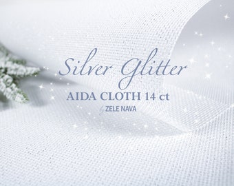 Zele Nava Silver Glitter Aida Fabric 14 Ct Silver Sparkle Aida cloth 100% cotton Fabric for Cross Stitch Fabric to Stitch / Evenweave fabric