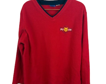 Felpa vintage Winnie the Pooh in pile rosso con scollo a V, taglia L Disney