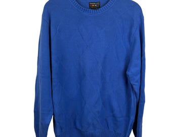 Vintage Opa Argyle Kobalt Blau Herren Blau Baumwolle Strukturierter Pullover Größe Größer