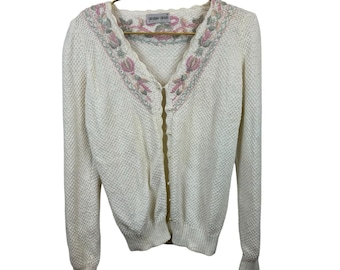 Vintage Coquette Cottagecore Grandmacore Weißer Strick Cardigan Floral Gr. M