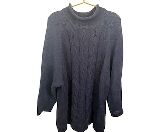 Vintage 90s The Limited Navy Blue Cable Knit Roll Neck Ramie Cotton Sweater M