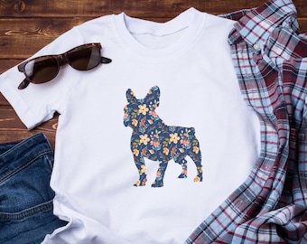 Französische Bulldogge Blumen T-Shirt, Frenchie Blumenmuster Shirt für Frauen, Dog Walker Geschenk für Hundemutter, Stier Hund T-Shirt
