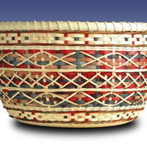 Op de afbeelding: Een geweven mand met een geometrisch patroon in rood, wit en blauw. De mand heeft twee zwarte handvatten en een ronde vorm.