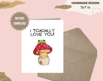 Printable Frog Greeting Card, Instant Download 5x7 in. Card, Frog on a Mushroom, Love Card, Valentine's Day Card