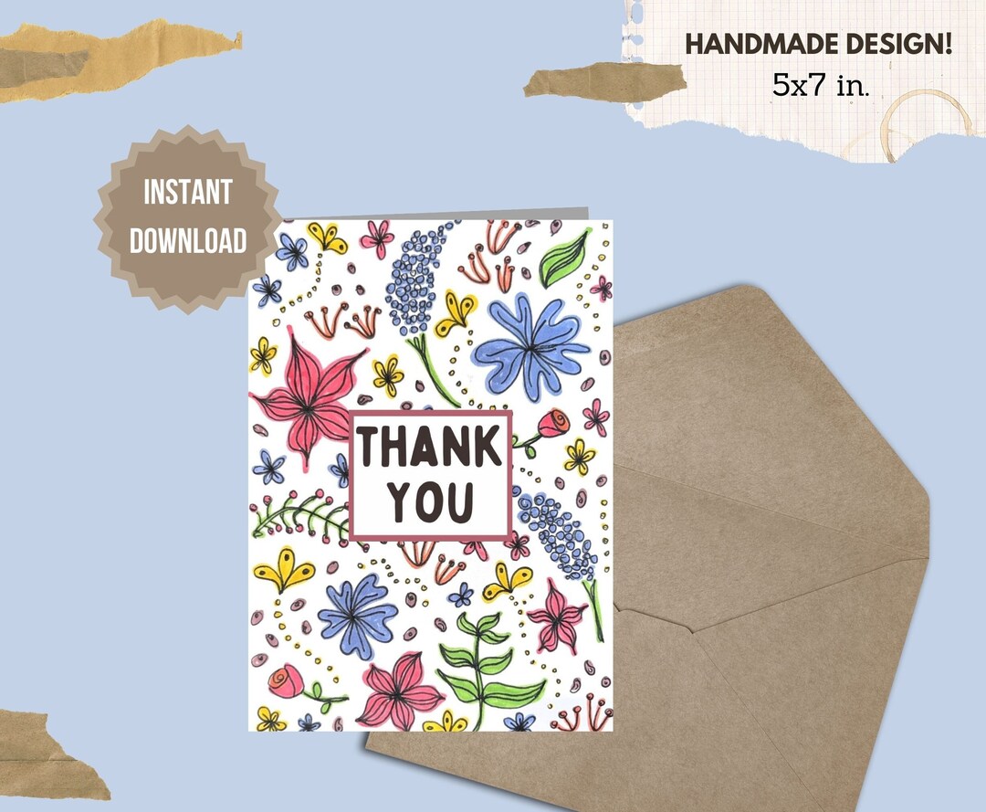 Printable Thank You Card, Instant Download 5x7 In. Card, Floral Card ...