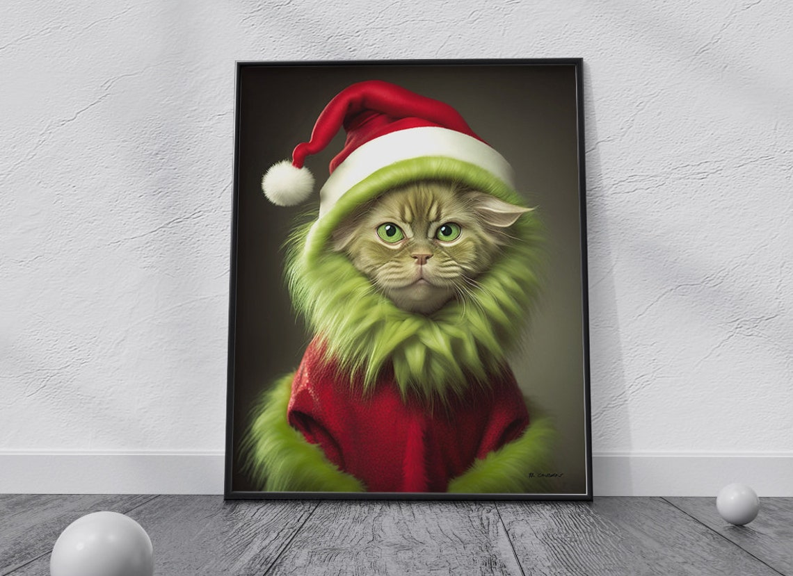SET of 4, Grinch, Grinchy Cat Poster Print, Christmas Gift Printable