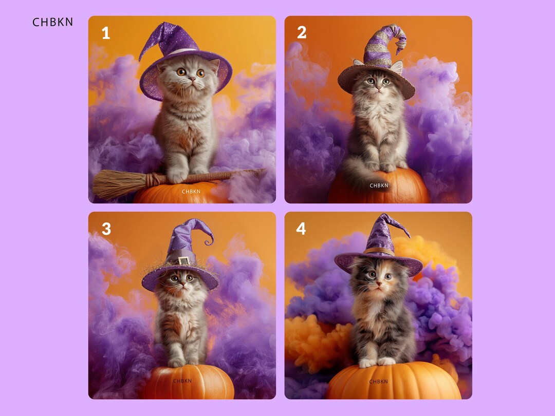 Witch Hat Kitten Art Print: Halloween Cat With Pumpkin (digital ...