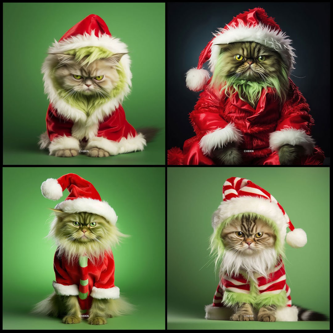 SET of 4, Grinch, Grinchy Cat Poster Print, Christmas Gift Printable