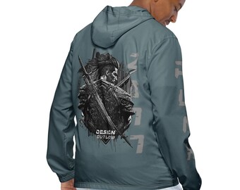 May include: A teal blue hooded windbreaker jacket with a graphic print of a warrior holding a sword. The text "DESIGN BY LIFE" is printed on the jacket.