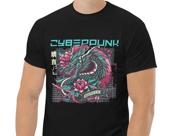 Camiseta Cyberpunk Dragon Tattoo: Arte con texto japonés, camiseta futurista