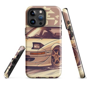 May include: A white and beige phone case with a cartoon illustration of a white sports car. The car has a black stripe on the side and a black spoiler. The case has a black camera lens cutout and a black button cutout. The case also has a Japanese character on the back.