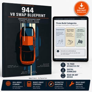 Op de afbeelding: Een digitale gids getiteld 944 V8 Swap Blueprint met een oranje auto-illustratie op een zwarte omslag. Een tablet toont een pagina getiteld Three Build Categories met tekst over verschillende categorieën voor auto-ombouw.