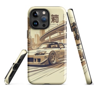 May include: A beige iPhone case with a cartoon illustration of a white Honda S2000 sports car driving on a city street. The car has black racing stripes and the text "S2000" and "SYRON" on the side. The case also features the Japanese text "和" and "ハチロク".