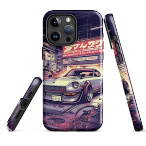 May include: A phone case with a graphic of a white car with red and blue accents in front of a Japanese storefront with the text "D'nul spaids" and "ファルムクラ" in Japanese.