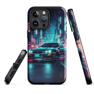 May include: Black phone case featuring a stylized image of a sports car in a neon-lit city. The design includes a dark blue car with bright headlights and a cityscape background with Japanese signage. The case is shown from multiple angles.