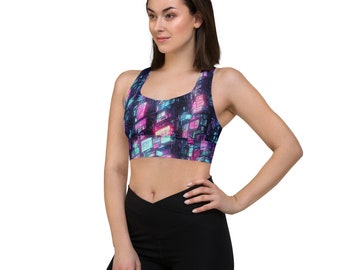 Neon Cityscape Sports Bra: Cyberpunk Longline Yoga Top