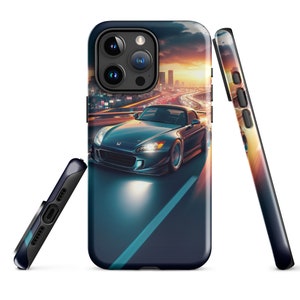 May include: A black phone case with a graphic of a blue sports car driving on a highway at night. The case has a black camera bump with three lenses.