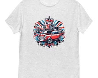 Mini Cooper British Classic Car T-Shirt: London Skyline Art