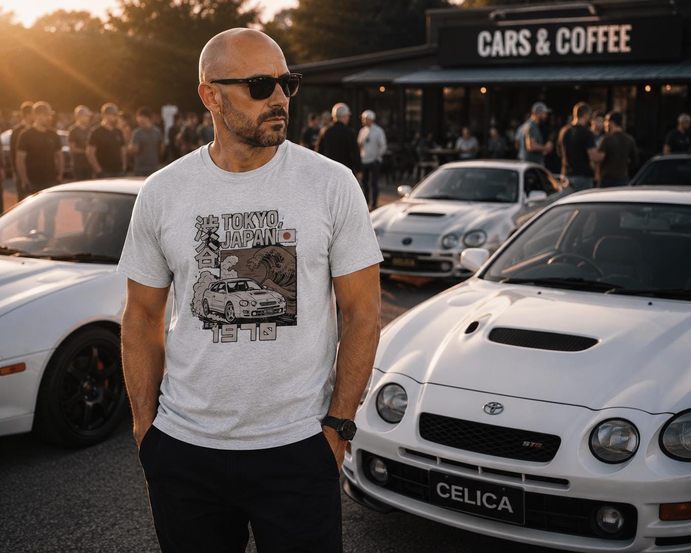 新品　SHISHIKUI C vintage Tee グレー×レッド Celica T-shirt: GT Four Japanese Art Wave Classic Car Art Clothing