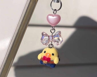 Kawaii Chicken Nerd Phone Strap Charm | Handmade Polymer Clay Kiiroitori Charm | Cute Gift For Her