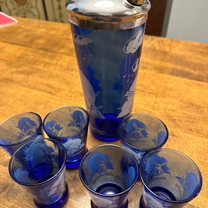 Cobalt Blue Ridged Glass Cocktail Martini Shaker with 4 Matching