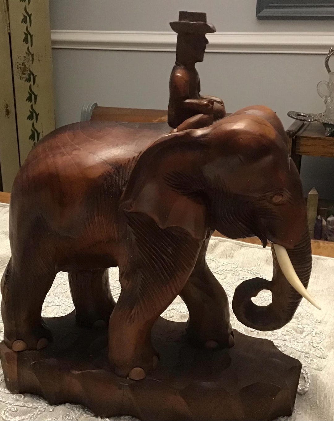 Vintage Mid-century Hand Carved Wooden Elephant With Rider, Gorgeous ...