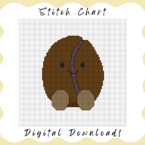 May include: A cross stitch pattern on a grid featuring a brown coffee bean character with two small black eyes and a dark brown centre line. The text Stitch Chart is at the top and Digital Download! is at the bottom of the white scalloped frame.