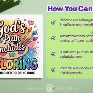 Puede incluir: Un libro para colorear de inspiraci&oacute;n religiosa titulado "God's Plan Includes Coloring". La portada presenta un dise&ntilde;o colorido con una paleta, pinceles, corazones y estrellas. El t&iacute;tulo del libro est&aacute; en degradado arco&iacute;ris. La imagen tambi&eacute;n incluye texto sobre c&oacute;mo usar el libro.