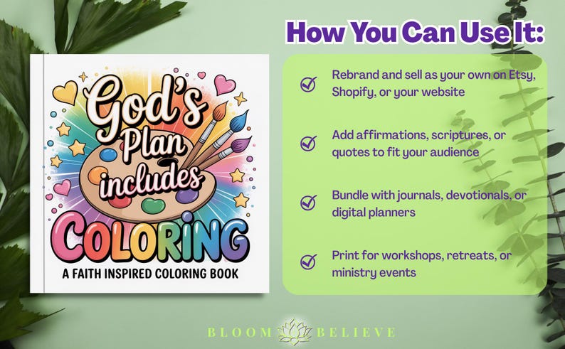 Puede incluir: Un libro para colorear de inspiraci&oacute;n religiosa titulado "God's Plan Includes Coloring". La portada presenta un dise&ntilde;o colorido con una paleta, pinceles, corazones y estrellas. El t&iacute;tulo del libro est&aacute; en degradado arco&iacute;ris. La imagen tambi&eacute;n incluye texto sobre c&oacute;mo usar el libro.