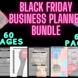 Puede incluir: Un paquete de planificador de negocios para el Black Friday imprimible de 60 páginas. El planificador incluye secciones para objetivos de Black Friday, horarios, ofertas de paquetes, listas de verificación de tiendas físicas, ofertas de bonificación y regalos, y horarios de fin de semana.