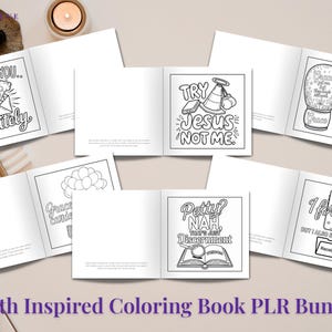 Puede incluir: Una colecci&oacute;n de libros para colorear abiertos con ilustraciones y texto en blanco y negro. El texto incluye frases como "I Rebuke You Politely", "Try Jesus Not Me" y "Petty? Nah, That's Just Discernment". El t&iacute;tulo "Faith Inspired Coloring Book PLR Bundle" est&aacute; en la parte inferior.