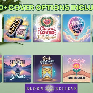 Puede incluir: Una imagen que muestra una colecci&oacute;n de libros para colorear de inspiraci&oacute;n religiosa con varios dise&ntilde;os de portada. Las portadas presentan citas e ilustraciones inspiradoras, incluido un libro para colorear titulado "God's Plan Includes Coloring". El texto "10+ Cover Options Included" est&aacute; en la parte superior.