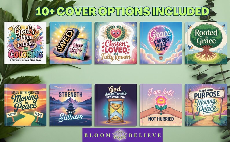 Puede incluir: Una imagen que muestra una colecci&oacute;n de libros para colorear de inspiraci&oacute;n religiosa con varios dise&ntilde;os de portada. Las portadas presentan citas e ilustraciones inspiradoras, incluido un libro para colorear titulado "God's Plan Includes Coloring". El texto "10+ Cover Options Included" est&aacute; en la parte superior.