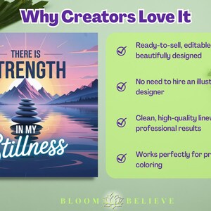 Puede incluir: Portada de libro con el texto "THERE IS STRENGTH IN MY Stillness" sobre un paisaje sereno con piedras apiladas. La imagen tambi&eacute;n incluye una secci&oacute;n verde con texto sobre las caracter&iacute;sticas del producto.