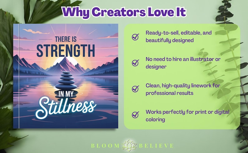 Puede incluir: Portada de libro con el texto "THERE IS STRENGTH IN MY Stillness" sobre un paisaje sereno con piedras apiladas. La imagen tambi&eacute;n incluye una secci&oacute;n verde con texto sobre las caracter&iacute;sticas del producto.