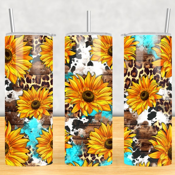 Sunflower Cowhide Leopard 20oz Skinny Tumbler, Western Sunflowers Tumbler Template, Turquoise Glitter Tumbler Design - PNG Download