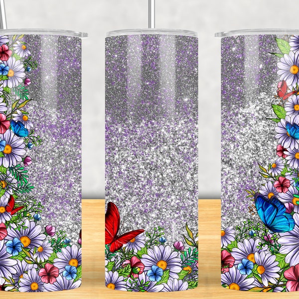 Flowers  Butterfly Glitter Tumbler Png, Butterflies Floral 20oz Skinny Tumbler Sublimation Designs for Straight, PNG Digital Download